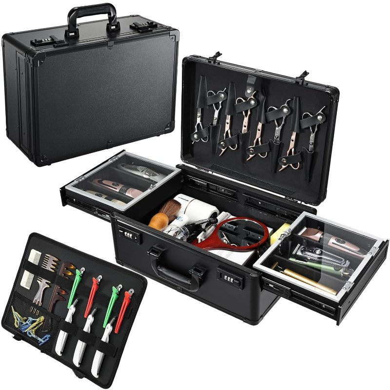 Photo 1 of Barber Case 6 Clippers Sliding Tray, Profesional Barbers Briefcase Tool Case, Barber Cases for Clippers and Supplies, Hair Scissors Trimmer Organizer, Salon Hair Grooming Hard Travel Suitcase