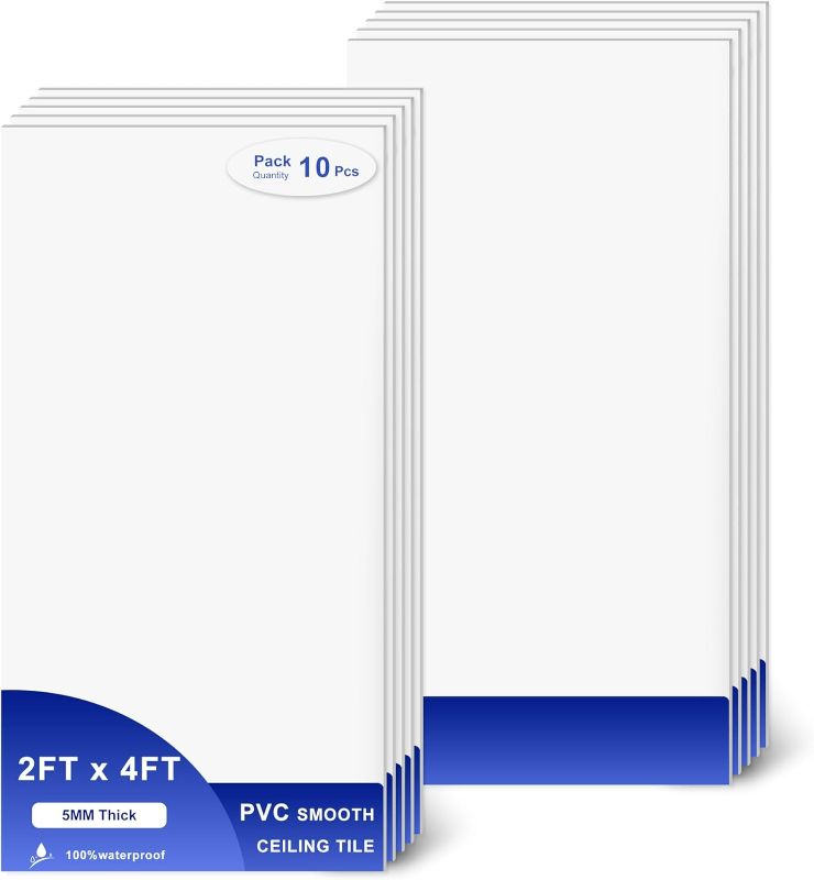 Photo 1 of Smooth Drop Ceiling Tiles 2ft x 4ft - Waterproof, Fire-Rated, Easy Drop-in Installation - Premium PVC to Prevent Breakage - Ceiling Tiles 24" x 48", 10-Pack Cover 80 Sq. Ft, White
