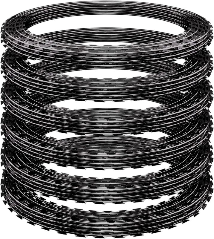 Photo 1 of 296ft Razor Wire 6 Rolls, Black Razor Fencing, Galvanized Concertina Wire with Pliers Gloves Warning Sign for Garden Farm Factory Security