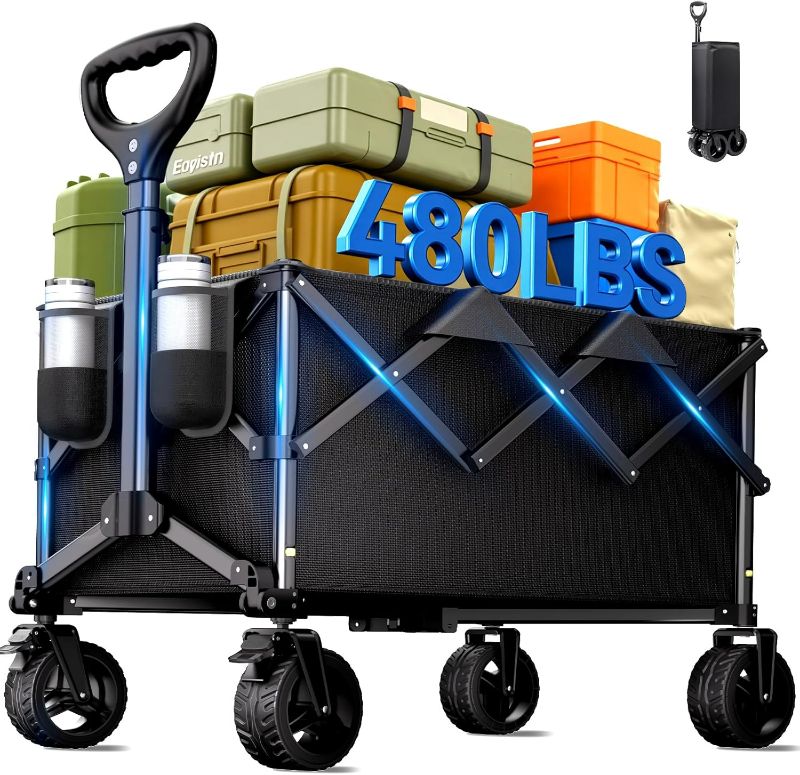 Photo 1 of Collapsible Wagon Cart with Universal Wheels, 480LBS Wagons Carts Heavy Duty Collapsible Wagon with Cup Holders, Utility Beach Carts for Camping, Garden, Shopping, Fishing, Sports