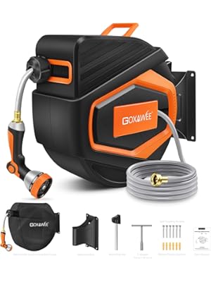 Photo 1 of GOXAWEE Retractable Garden Hose Reel, 1/2" x 100 ft Upgraded UV Resistant Water Hose Reel Wall Mounted, Any Length Lock, Automatic Rewind, 180°Swivel Metal Bracket, Orange