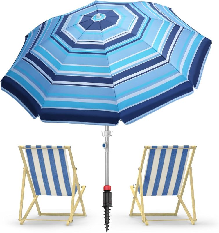 Photo 1 of 7ft Heavy Duty High Wind Beach Umbrella Parasols with sand anchor & Tilt Sun Shelter, UV 50+ Protection Outdoor Sunshade Umbrellas Carry Bag for Patio Garden Pool Backyard Stripe Blue