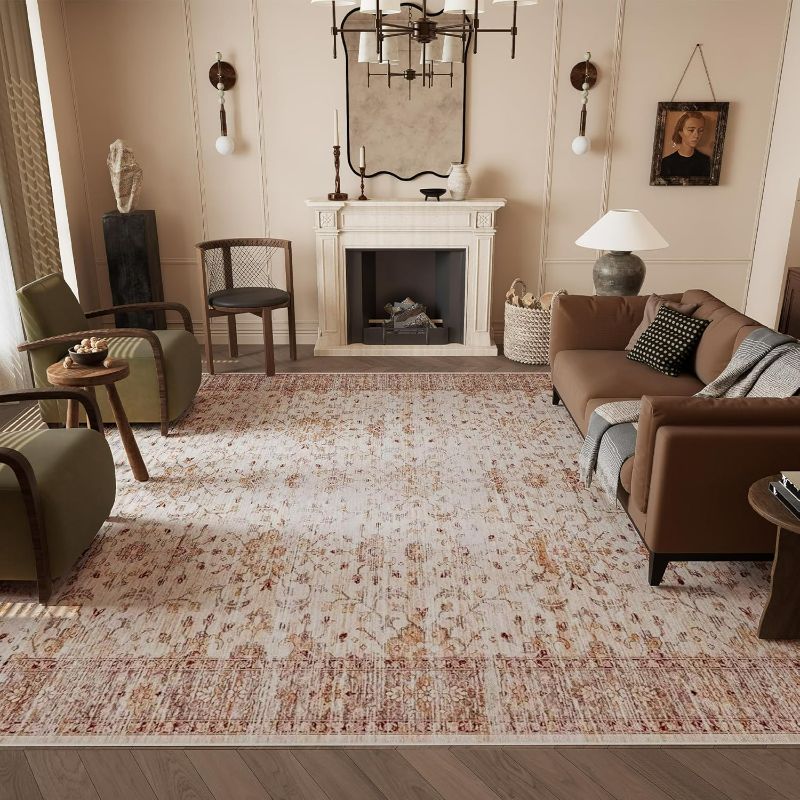 Photo 1 of Vintage 8x10 Washable Area Rug, Low-Profile Large Area Rug with Non-Slip Backing & Durable Edge Binding, Pet-Friendly Carpet, Large Rug for Living Room, Bedroom, Dinning Room
