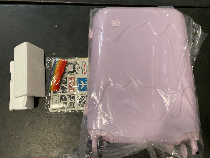 Photo 1 of ROAMING 24 Inch Purple PC Hard Sided Checked Luggage with TSA Lock Cup Holder USB Charging Port and Spinner Wheels Lightweight Durable Ice Cream Travel Suitcase for Women Melt into Journeys