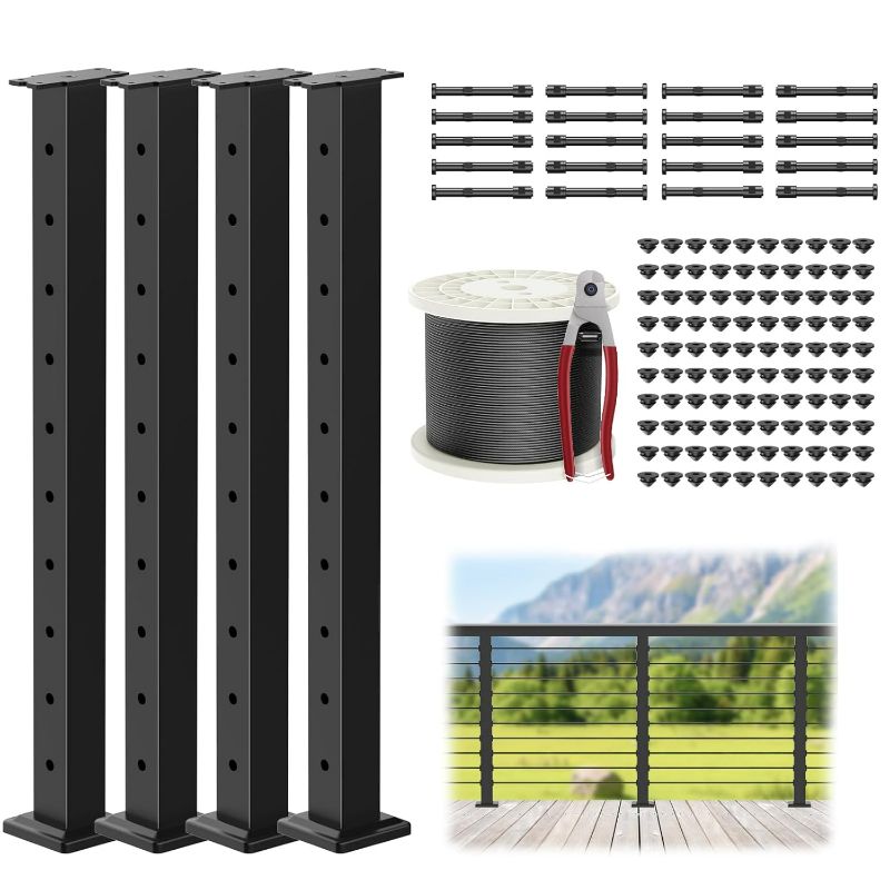 Photo 1 of 4-12ft Complete Set 35" Stainless Steel Cable Railing Post Kits, 4pcs Black Top Mount Level Line Post with Grommets for Deck Railing(No Handrail), 161ft Wire Rope, Indoor & Outdoor Use,MY07-LP