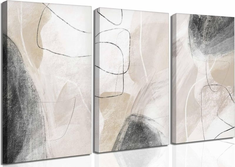 Photo 1 of 3Pcs Modern Abstract Canvas Wall Art Neutral Minimalist Boho Beige and Black Grey Geometric Line Nordic Picture Wall Decor Poster Print Artwork for Living Room Bedroom Office Home Decoration