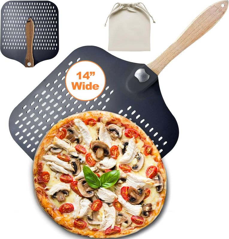 Photo 1 of 14" Perforated Pizza Peel,14" Wx 16" L, Extra Large Metal Pizza Peel 14 inch, Aluminum pizza peel 14 with Foldable Wood Handle and Storage Bag