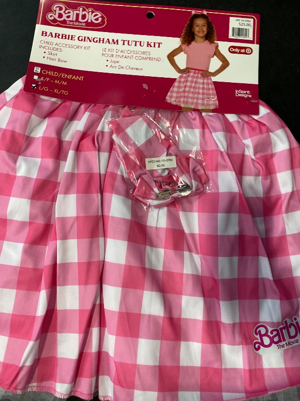 Photo 1 of Size L/XL Girls Barbie Pink Gingham Tutu Skirt & Bow Halloween Dress up Costume