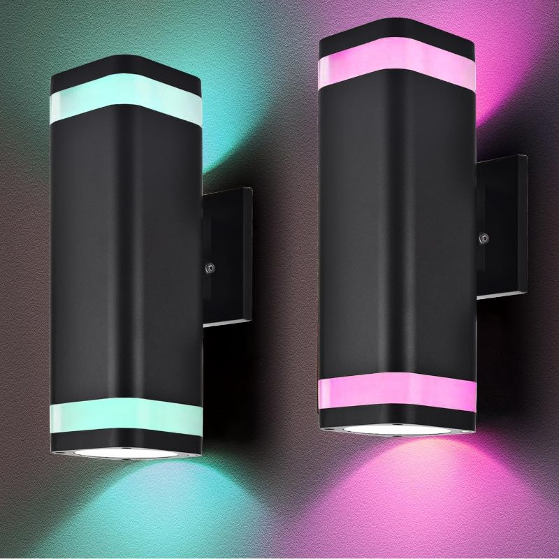 Photo 1 of Smart RGB Outdoor Wall Lights, 2 Pack Color Changing Porch Lights, Cylinder Up and Down Lights Outdoor Wall Sconce, Exterior Lighting Fixture Compatible with Smart Life & Tuya Smart