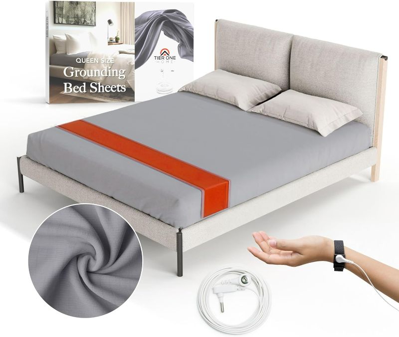 Photo 1 of (Q) Fitted Grounding Sheets for Earthing, 5% Silver Fiber + 95% Certified Organic Cotton for Better Sleep and Pain Relief. Deep Pockets. Includes Grounding Wristband & Cords (Queen)