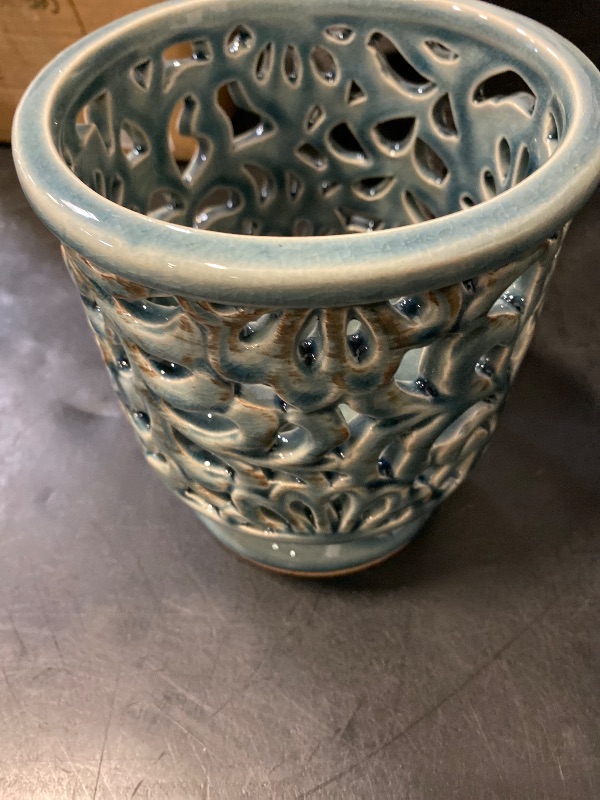 Photo 1 of Farmhouse Kitchen Utensil Holder for Countertop, Ceramic Large Cooking Utensil Crock with Cork Mat, Decorative Rustic Utensil Holder for Kitchen Counter, Hollow Carving Flower, Blue
