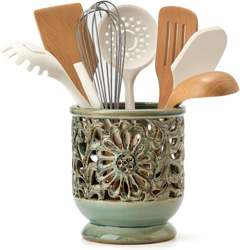 Photo 1 of Farmhouse Kitchen Utensil Holder for Countertop, Ceramic Large Cooking Utensil Crock with Cork Mat, Decorative Rustic Utensil Holder for Kitchen Counter, Hollow Carving Flower, Blue
