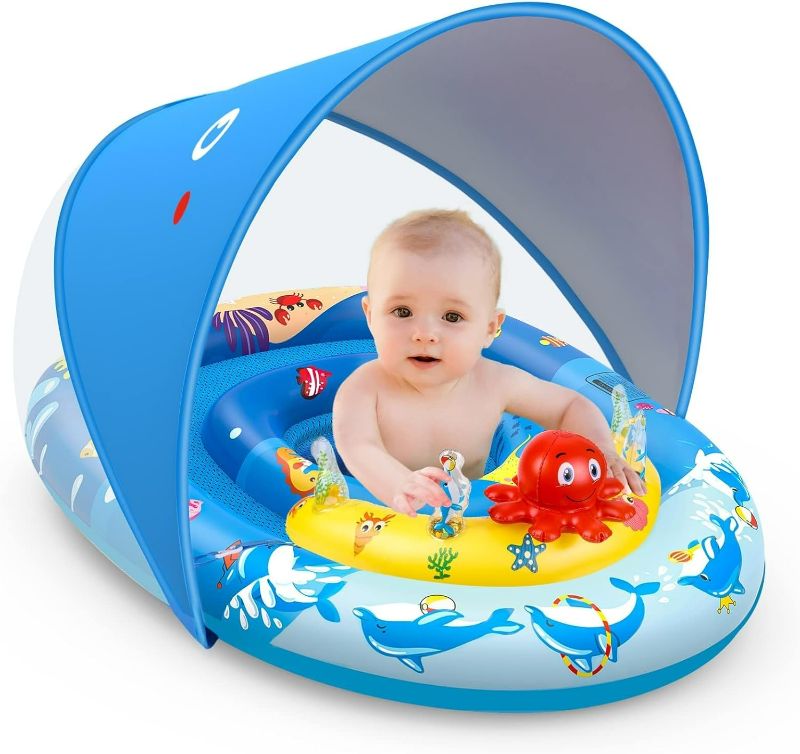Photo 1 of EZIGO Baby Pool Float with Canopy UPF50+ Sun Protection, Inflatable Kids Pool Floats with Ocean Animal Toys for Baby 6-36 Months, Infant Swimming Float with Adjustable Safety Seat for Boys Girls