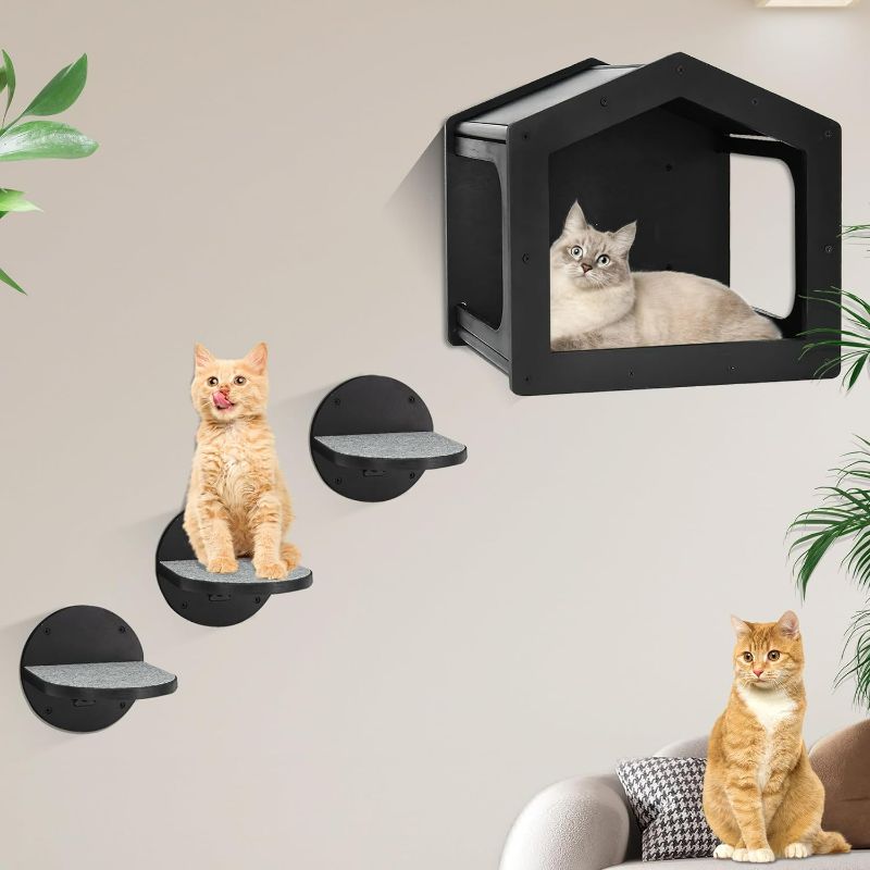 Photo 1 of Cat Wall Shelves and Perches - House Fit for Cats Up to 25Lbs, 1 Condo and 3 Large Steps With Scratching Pad, Climbing Shelf for Indoor, Furniture