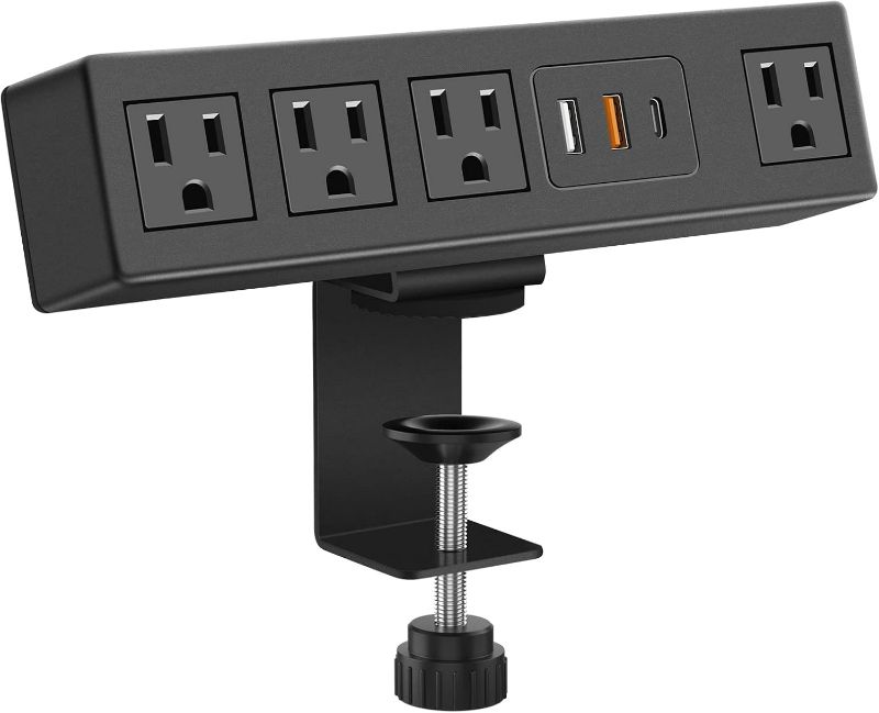 Photo 1 of CCCEI Desk Clamp Power Strip with USB-A and USB-C Ports, Desktop Mount Surge Protector 1200J, Widely Spaced Desk Outlet Station, Fast Charging, 6 FT Flat Plug, Fit 1.9 inch Tabletop Edge. (Black)