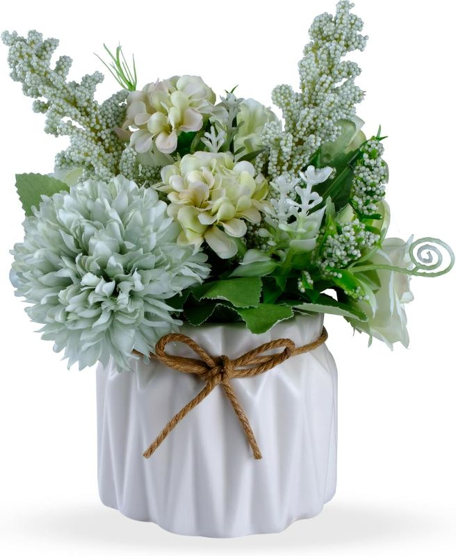 Photo 1 of Artificial Potted Flowers, Small Ceramic Vase Fake Flower Plants Desktop Decoration Indoor for Home and Office, Faux Flowers Hydrangea Decora for Table,Bookshelf,Bedroom,Living Room,Party.(Green)