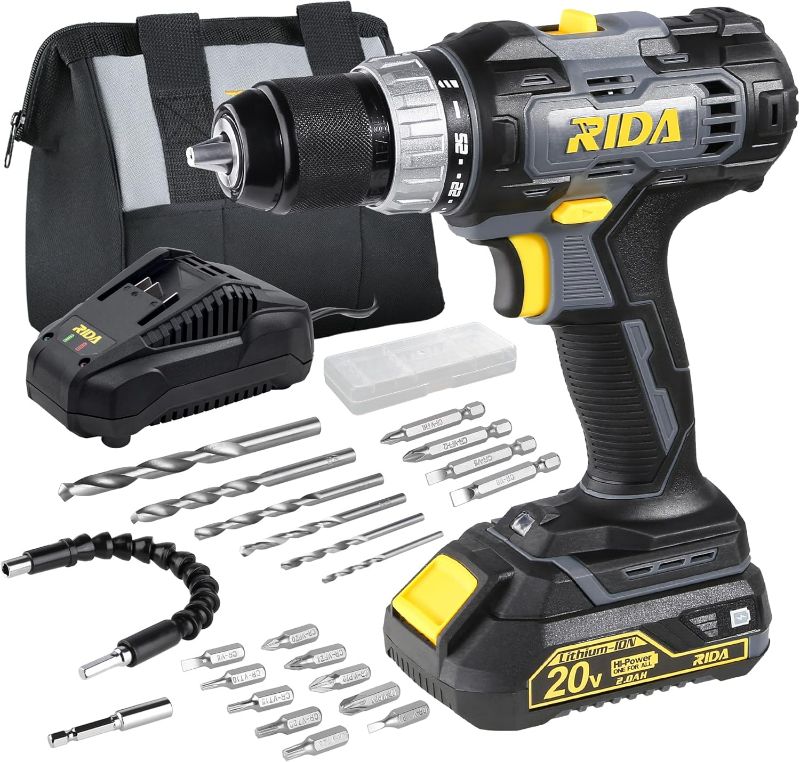 Photo 1 of RIDA Cordless Drill Power Drill Cordless 20V 1/2'' Keyless Metal Chuck 355 In-lb(40N.m) Torque with 2.0AH Li-ion Battery & Fast Charger, Variable Speed, 25+1 Position and 22pcs Bits
