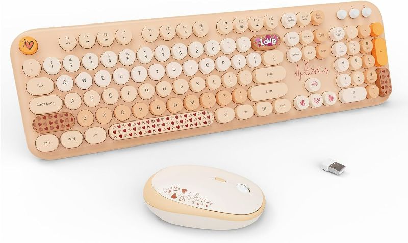 Photo 1 of FOPETT Wireless Keyboard and Mouse Combo - 2.4G Full-Sized Cute Colorful Retro Keyboard with Round Keycaps 104 Keys Typewriter Keyboard for Laptop/Windows/PC - Milk Tea Colorful