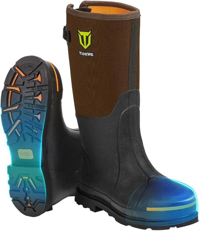 Photo 1 of Size 6-14 TIDEWE Rubber Work Boot for Men with Steel Toe & Shank, Waterproof Anti Slip Hunting Boot, 6mm Neoprene Hunting Boot for Manufacturing, Construction, Farming, Black,Brown, 