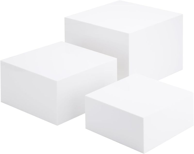 Photo 1 of Clisela 3pcs Acrylic Cube Display Stands Box Risers with Hollow Bottoms, Food Risers for Buffet Table, Decorative Display Stand Shelf for Dessert Collectibles Jewelry Figures Show - White 6" 7" 8"