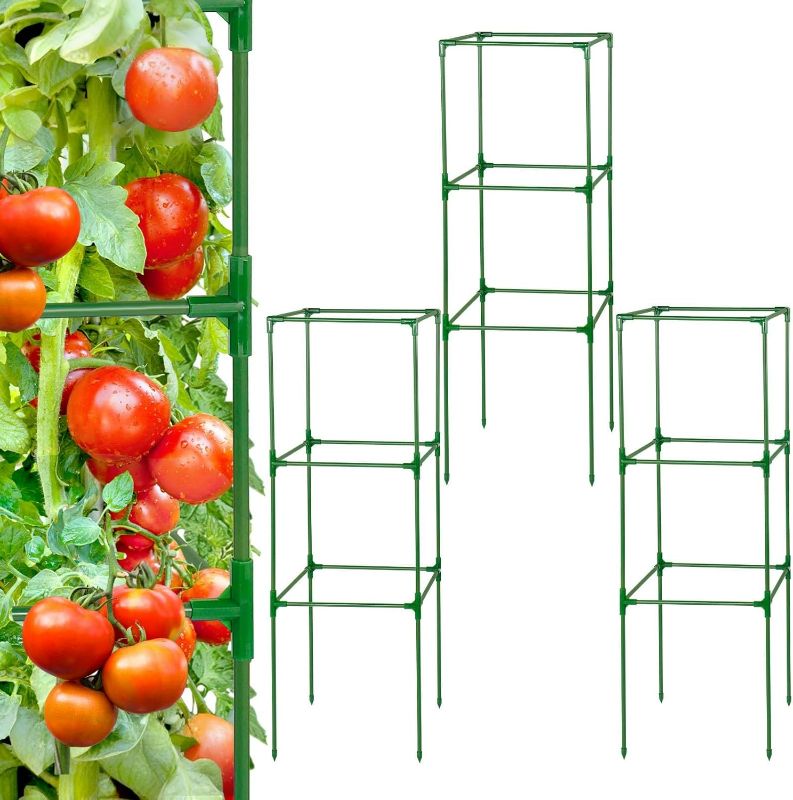 Photo 1 of Square Sturdy Tomato Cage for Garden - 3 Pack 45" Adjustable Easy to Assemble Tomato Plant Support Poles, Heavy Duty Metal Plant Tower Stakes Cucumber Trellis for Climbing Vegetable Flowers Fruits
