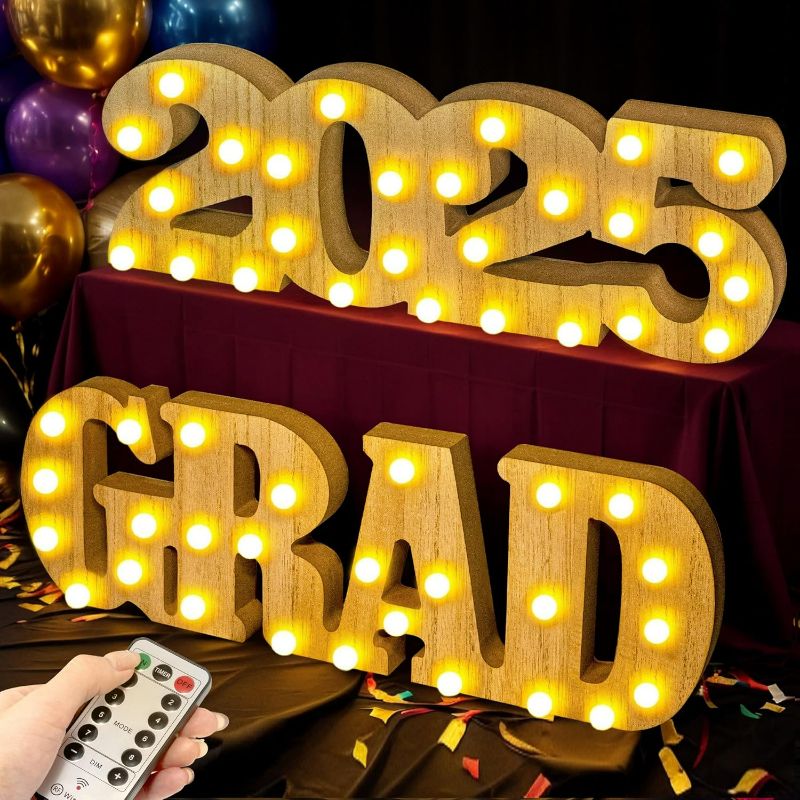 Photo 1 of TonJin 2025 Graduation Party Decorations, 2 Wooden LED Long Marquee Light Up Letters 'Grad' & '2025' with Remote, Class of 2025 Sign for Kindergarten, Preschool, High School & College Table Ornaments