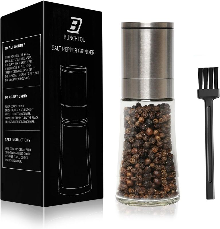 Photo 1 of Original Stainless Steel Pepper Grinder or Salt Mill 1pk - Coarseness Adjustable Sea Salt Grinder or Pepper Mill Grinder - Small Manual Salt Pepper Shakers with Glass Container