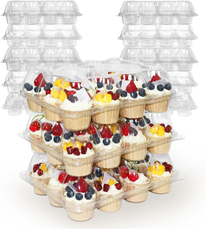 Photo 1 of 24 Count x 10 Sets Plastic Cupcake Containers, Durable and BPA-Free Cupcake Holder with Lid for Easy Transport Storage, Stackable Clear Cupcake Carriers, Reusable Dessert Boxes