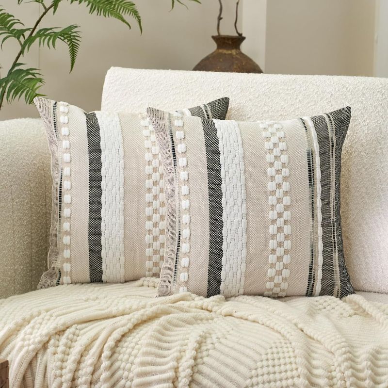 Photo 1 of Aeckself Boho Throw Pillow Covers 18x18 Inch Set of 2, Farmhouse Decorative Striped Square Pillow Covers Chenille Tufted Pillow Cases Accent Neutral Pillowcase for Living Room Couch Bed, Gray