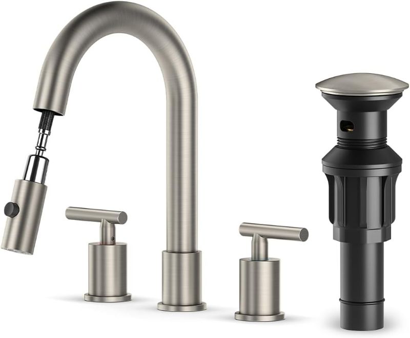 Photo 1 of Brushed Nickel Pull Down Bathroom Faucet with Pop-up Drain, 8 inch Widespread Bathroom Faucet 3 Hole with Pull Down Sprayer 2 Modes, 8'' Brushed Nickel Bathroom Faucet with Supply Lines
