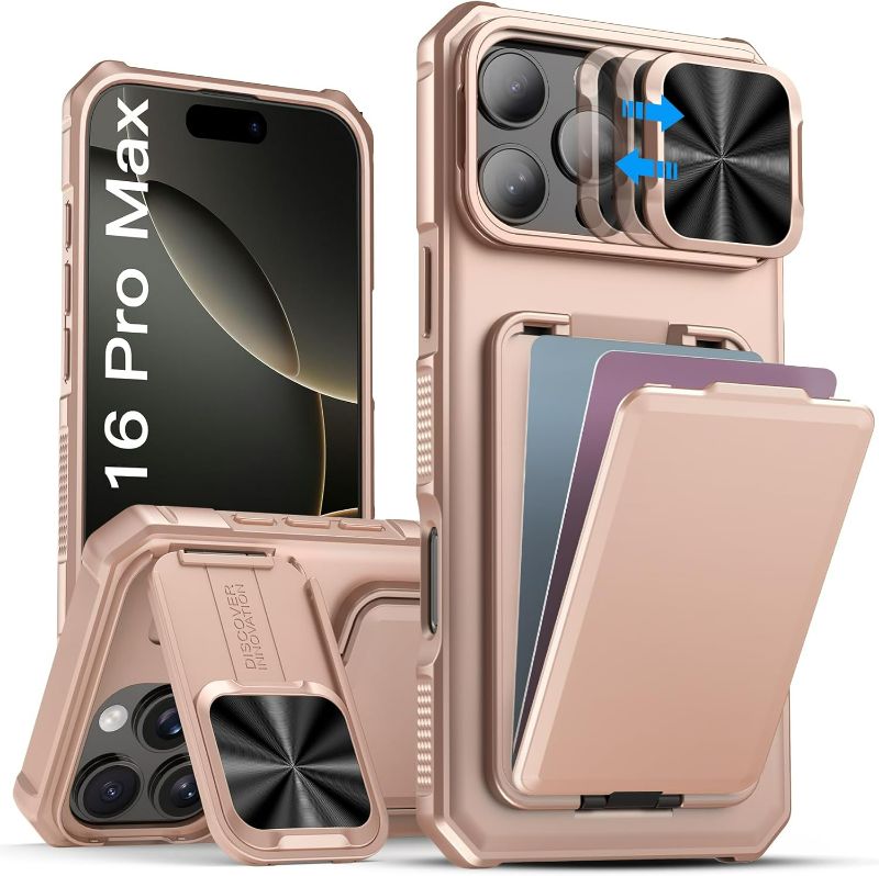 Photo 1 of for iPhone 16 Pro Max Case with Wallet & Sliding Lens Cover & Kickstand & Credit Card Holder, Military-Grade Protection Rugged Phone Case Cover for iPhone 16 Pro Max 6.9'' 2024, Rose Gold