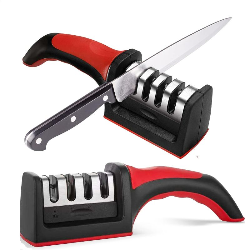 Photo 1 of Knife Sharpeners for Kitchen Knives– Stainless Steel 4 in1 Kitchen Knife Sharpener – Ergonomic and Easy to Use Knife Sharpening Kit with 4 Stage Sharpening Slots Black