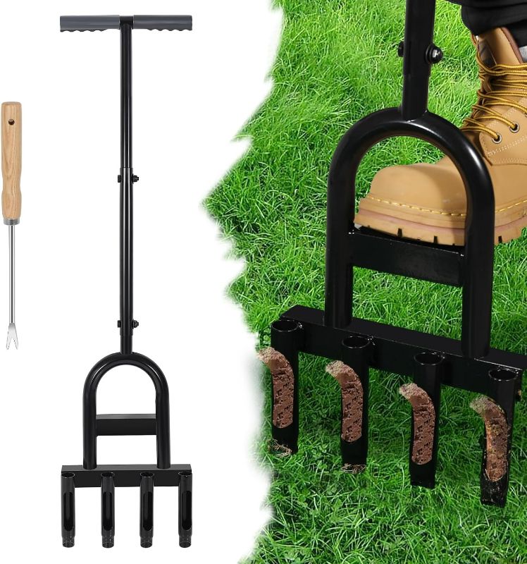 Photo 1 of Core Aerator Lawn Tool Hollow Tine Lawn Aerator Tool with 4 Semi-Hollow Manual Core Aerator with Clean Tool, Premium Carbon Steel Aerator Coring Lawn Tool for Lawn and Soil Health