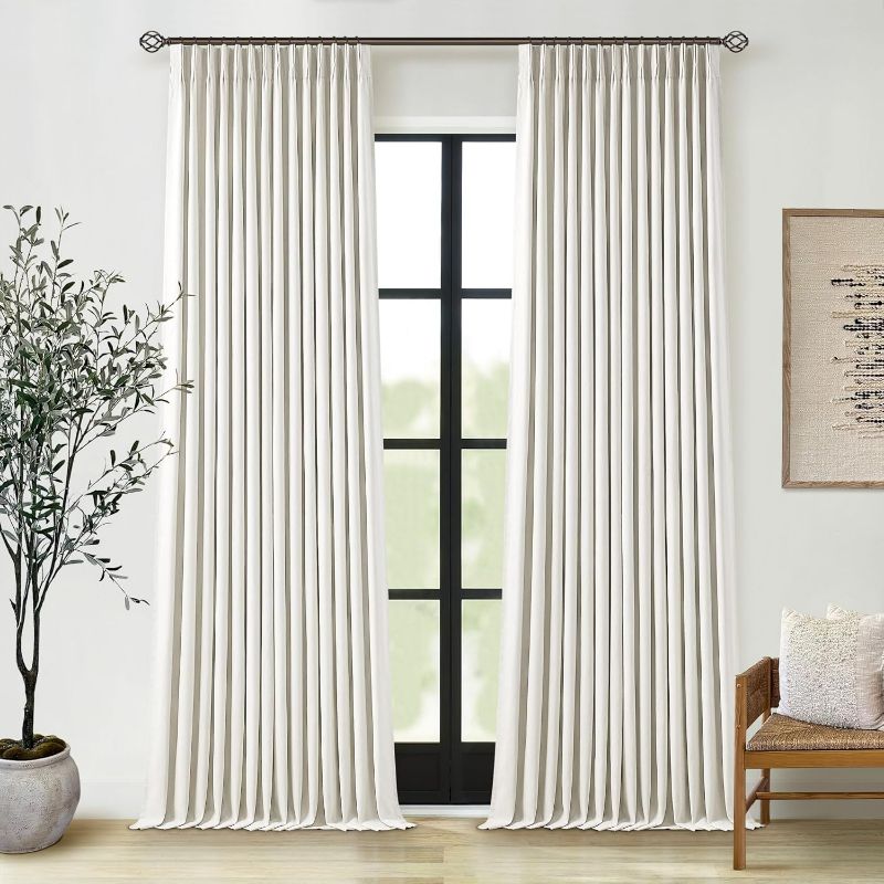 Photo 1 of 102 Inches Long Pinch Pleated Linen Blackout Curtains for Bedroom Back Tab Track Memory Trained Shape Farmhouse Light Blocking Curtains 102 Inch Length for Living Dining Room Darkening Drapes Cream