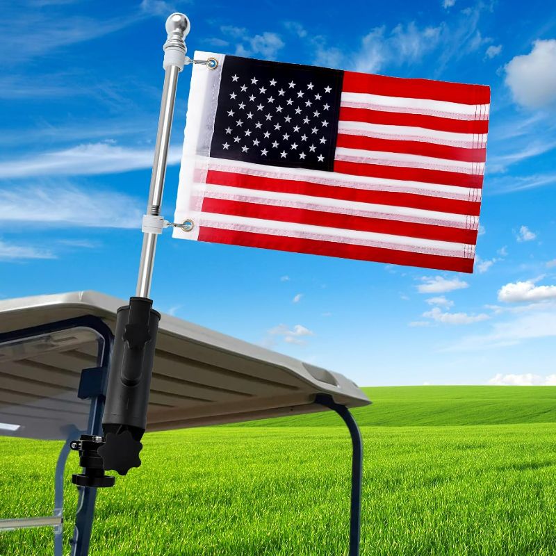 Photo 1 of Golf Cart Flag Holder and Flag Pole Mount Kit Universal for EZGO Club Car Yamaha, Heavy Duty Bracket for 0.7"-1.4" Round/Oval Square Rails, Golf Push Cart, Boat, Included USA Flags (12"×18")