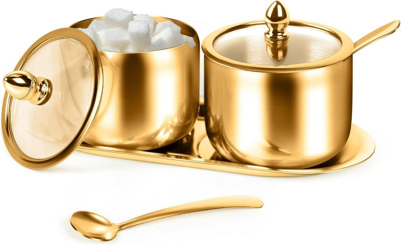Photo 1 of 2 Pcs Coffee and Sugar Dispenser with Tray - 10 oz Sugar Bowl with Glass Lid and Spoon for Coffee Bar Accessories Kitchen Storage for Salt,Coffee Bean,Brown Sugar Cubes (Gold), 20231121.01
