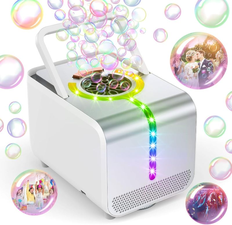 Photo 1 of Bubble Machine - Durable Automatic Bubble Blower with LED Lights, Waterproof Motor Over 20,000 Bubbles/Minute, Perfect for Kids' Parties Indoor & Outdoor Fun - Plugin or Battery Powered - Sleek Silver