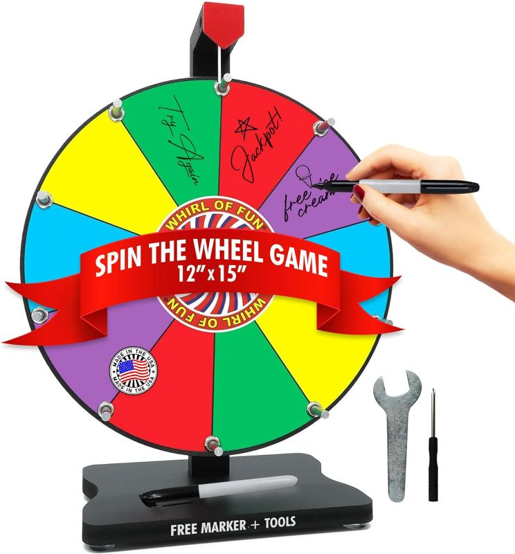 Photo 1 of 12 inch Prize Wheel - Spinning Wheel for Prizes with Stand, 10 Color Slots, Heavy Duty, Dry Erase Surface, Portable, Carnival Games, Tools Marker Included, Made in USA