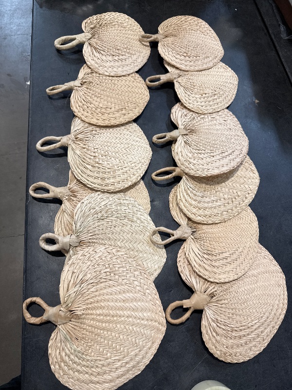 Photo 1 of WRINGKIT 12 Pieces Natural Raffia Fans, Handmade Wedding Raffia Fans, Farmhouse Palm Leaf Hand Weaving Fan Boho Fans for Guest, Wedding Favors, Couple, Summer Cooling, Wall Decor