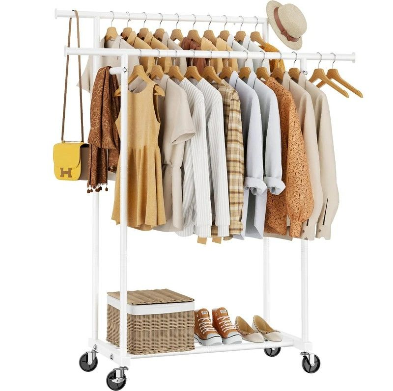 Photo 1 of HYSEYY Double Rods Clothes Rack, Rolling Clothing Rack for Hanging Clothes Portable Wardrobe Rack, Metal Garment Rack Sturdy Coat Rack for Bedroom Laundry Living Room, White