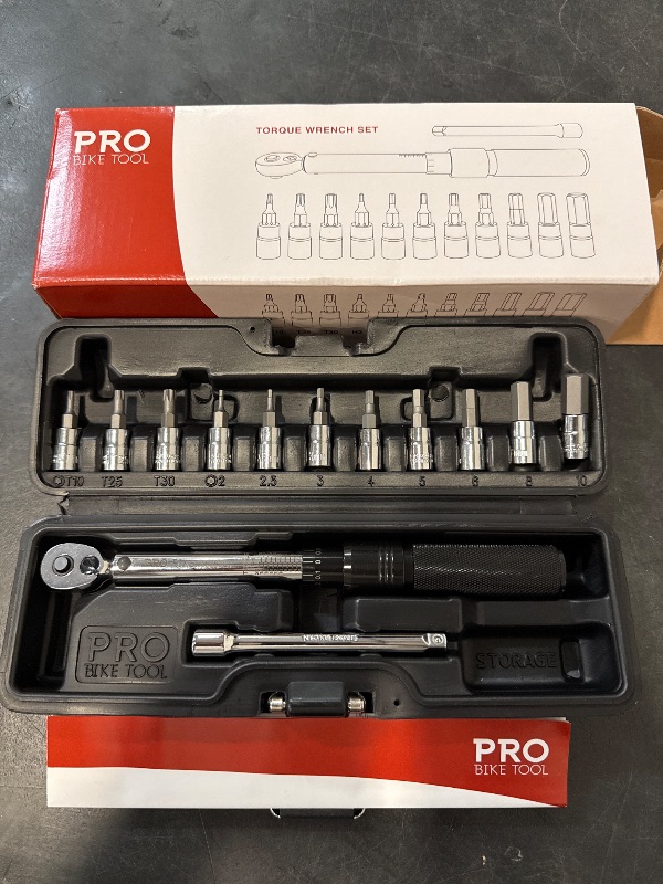 Photo 1 of PRO BIKE TOOL 1/4 Inch Drive Click Bicycle Torque Wrench Set – 2 to 20 Nm – Maintenance Kit for Road and Mountain Bikes - Includes Allen and Torx Screws, Extension Bar and Storage Box - ISO Certified