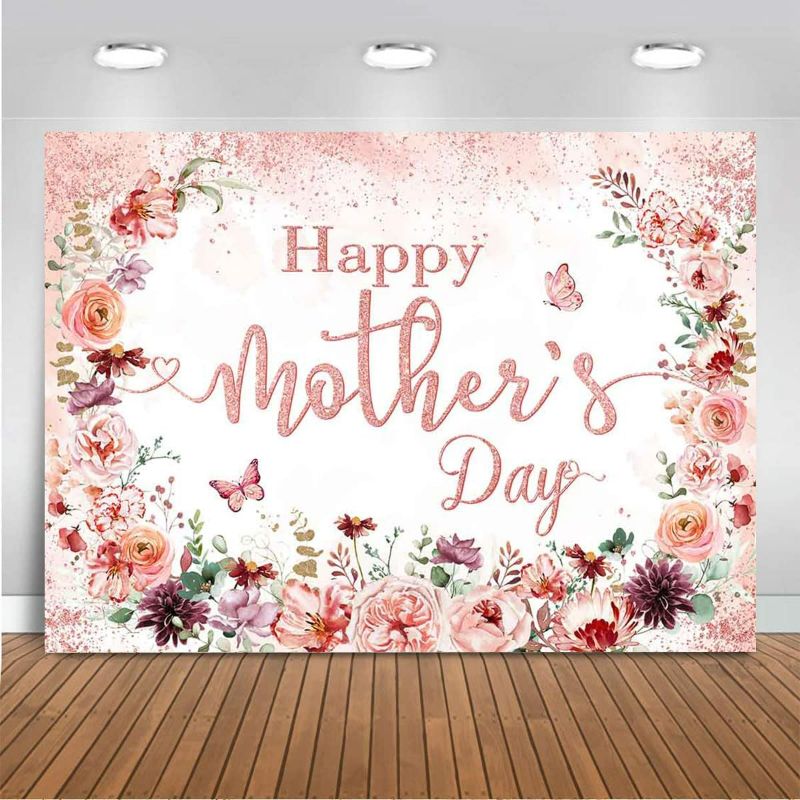 Photo 1 of Mocsicka Mothers Day Backdrop Pink Floral Happy Mother's Day Photo Background Rose Gold Dots Flowers Mothers Day Decorations Cake Table Banner Supplies Studio Props (7x5ft (82x60 inch))