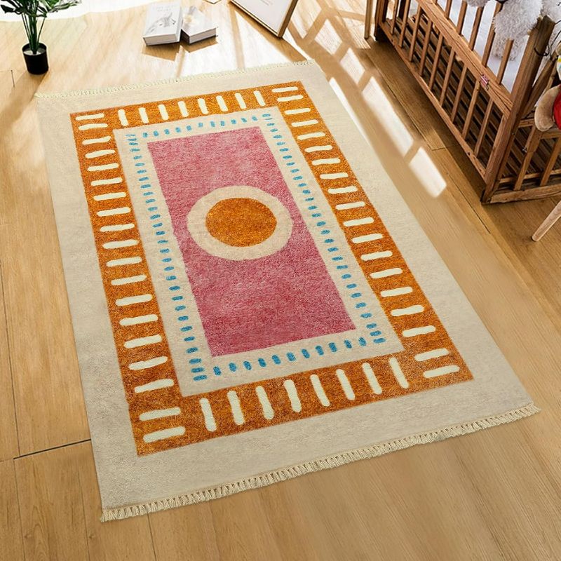 Photo 1 of Lukinbox Boho Area Rugs for Bedroom, 4x6 Sun Washable Living Room Rug, Super Soft Non-Slip Colorful Circular Rainbow Rug for Kids Room Playroom Nursery Room Dinning Room