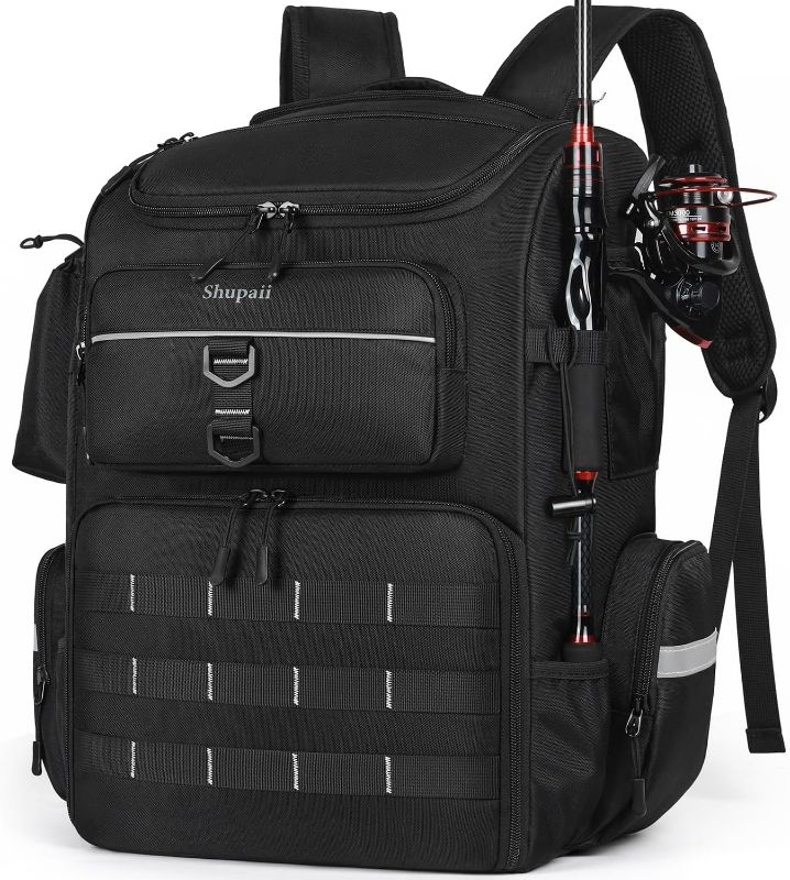 Photo 1 of Fishing Backpack with Rod Holders, 45L Large Water-Resistant Fishing Tackle Box Backpack, Fishing Gear Gifts for Men Father
