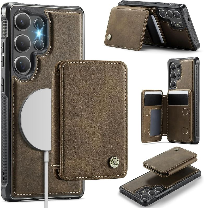 Photo 1 of Compatible with Magsafe for Samsung Galaxy S25 Ultra Wallet Case Magnetic Card Holder, RFID Blocking 2 in 1 Detachable Kickstand Shockproof Case for Women Men, Dark Brown