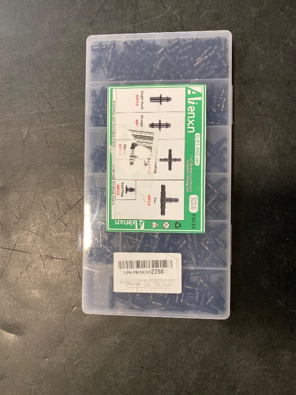 Photo 1 of Aienxn 220PCS 1/4" Drip Irrigation Kit Barbed Connectors, Straight Barb, Tee, Single Barb, End Plug, Elbow, 4 Way Coupling Irrigation Fittings for Garden Lawn Flower Pot