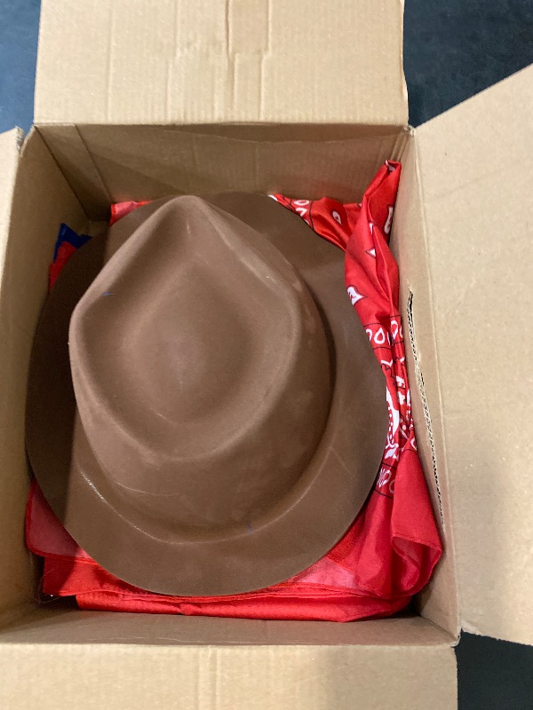 Photo 1 of Haysandy 24 Pieces Western Cowboy Hat Set, Felt Cowboy Themed Party Hats with Paisley Bandanas for Kids Costume Party(Brown, Red, Blue)