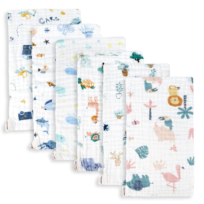 Photo 1 of Maliton Muslin Baby Burp Cloths 6 Pack Large 20''x10'' 100% Cotton Burp Rags Absorbent and Soft 6 Layers Muslin Cloth Baby Essentials for Newborn(Animals and Cars, Pack of 6)