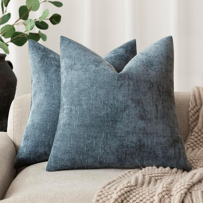 Photo 1 of Foindtower Pack of 2 Soft Textured Chenille Throw Decorative Pillow Covers Square Accent Solid Cushion Cover Cozy Neutral Farmhouse Pillow Case for Couch Sofa Bedroom Living Room 26x26 Inch,Blue
