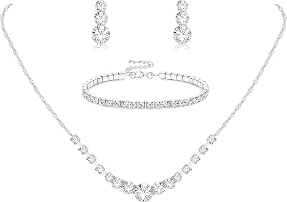 Photo 1 of Jstyle Silver Jewelry Set for Women Rhinestone Crystal Necklace Drop Earrings Link Bangle Bracelet Bridal Wedding Jewelry Sets for Brides Bridemaid Prom Costume Accessories